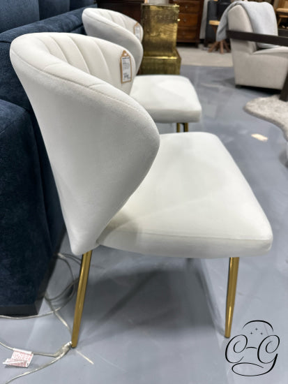 Cream Velvet Channel Tufted Accent Chair W/Clam Shell Back Gold Finish Legs