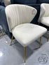 Cream Velvet Channel Tufted Accent Chair W/Clam Shell Back Gold Finish Legs