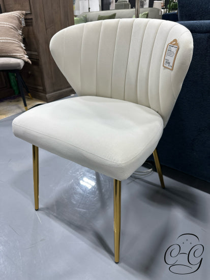 Cream Velvet Channel Tufted Accent Chair W/Clam Shell Back Gold Finish Legs