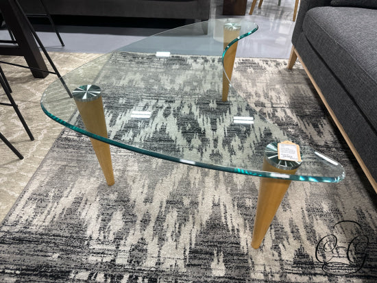 Custom Made Boomerang Shaped Thick Glass Top Coffee Table W/Light Wood Legs