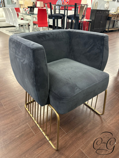 Dark Grey Fabric Accent Chair W/Antique Brushed Brass Cage-Like Base