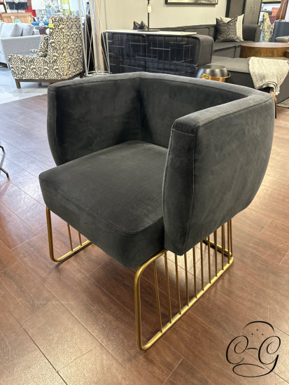 Dark Grey Fabric Accent Chair W/Antique Brushed Brass Cage-Like Base
