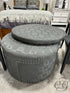 Dark Grey Round Ottoman W/Circle Pattern Fabric Nailhead Detailing