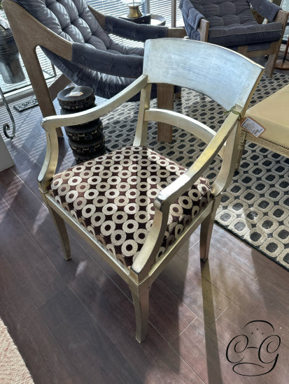 Dining Arm Chair W/Gold Leaf Finish Brown With Circle Pattern Fabric Cushioning 22x23x35’’ Dining Arm Chair