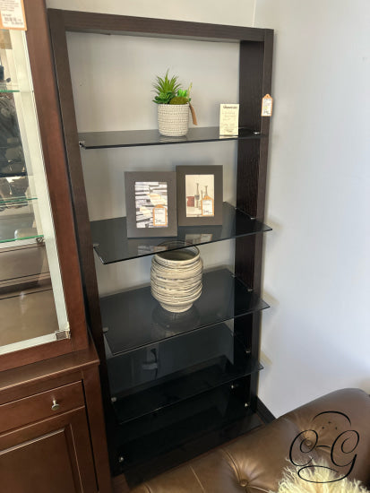 Espresso Brown Framed Leaning Shelf With 4 Smoked Grey Glass Shelves Shelving Unit