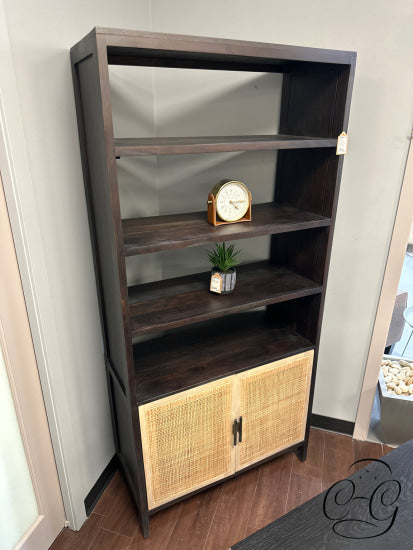 Espresso Finish Bookcase With 4 Shelves 2 Light Wicker Front Doors