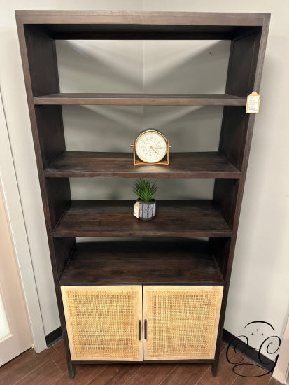 Espresso Finish Bookcase With 4 Shelves 2 Light Wicker Front Doors