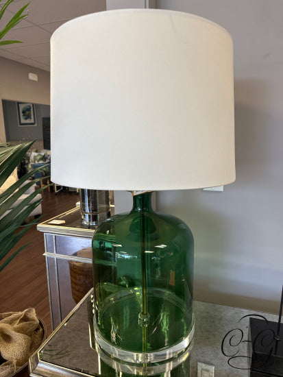 Ethan Allen Green Translucent Glass Table Lamp With Ivory Linen Round Shade