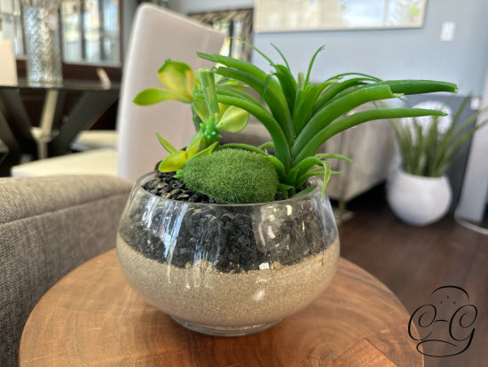 Glass Container With Faux Cacti Sand Black Small Stones Greenery