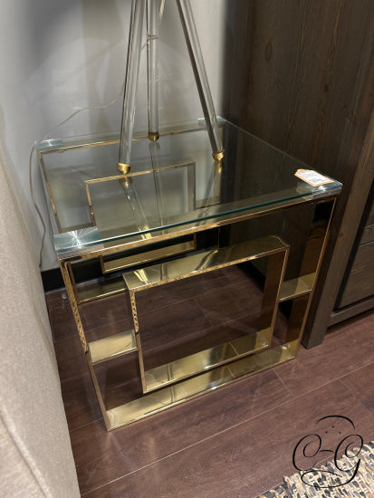 Glass Top Accent Table With Polished Gold Finish Geometirc Design Frame