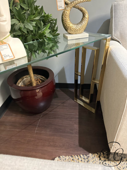 Glass Top Console Table With Polished Gold Finish Geometirc Design Frame