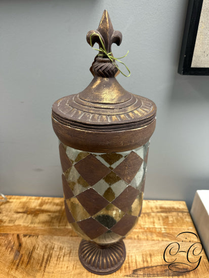 Glass Urn W/Copper Diamond Pattern Fleur De Lis Design Lid Home Decor