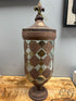 Glass Urn W/Copper Diamond Pattern Fleur De Lis Design Lid Home Decor