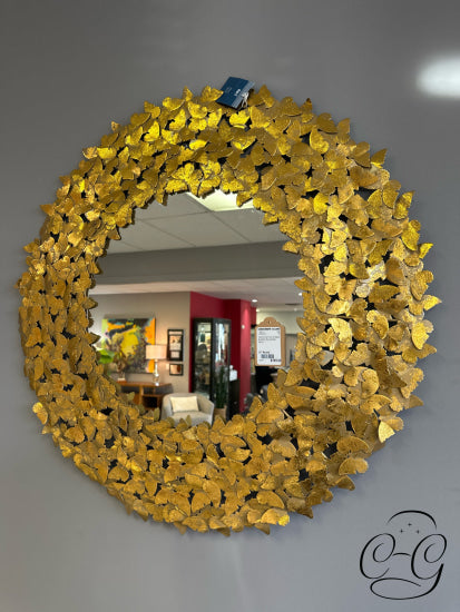 Gold Finish Iron & Glass Butterfly Round Wall Mirror