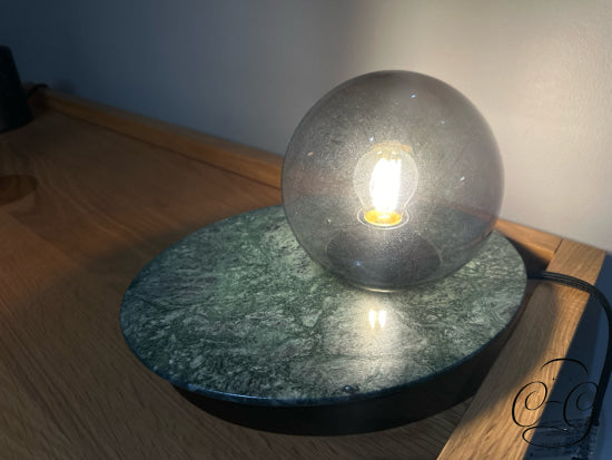 Green Marble Base Table Lamp W/Round Smoked Glass Shade