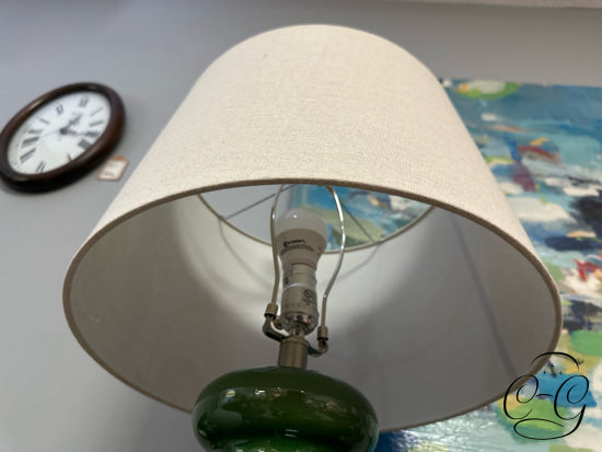 Green & White Ceramic Base Table Lamp W/Tan Shade