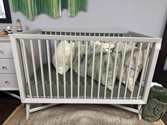 Grey Finish Crib With Mattress & Green Fitted Sheet