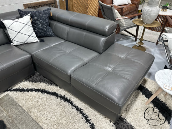 Grey Leather 2 Piece Sectional With Moveable Headrests