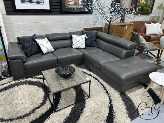 Grey Leather 2 Piece Sectional With Moveable Headrests