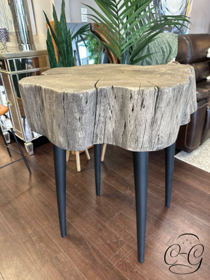 Grey Resin Tree Stump Design Top Couner Table W/4 Black Metal Legs Counter Height