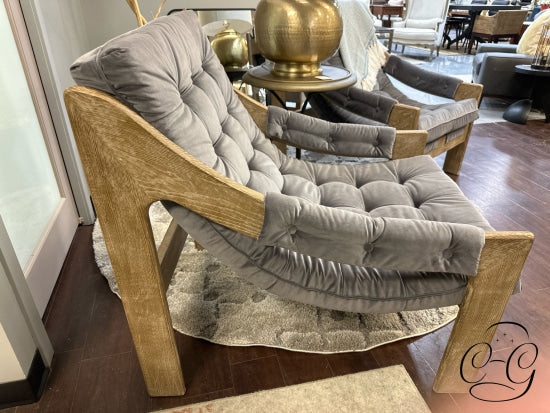 Grey Velvet ’Sling’ Chair With Weathered Natural Frame Blind Tufted Cushioning 31x41x38’’ Chair