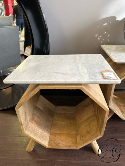 Hexagon Wood Base End Table With Open Display Space & White Marble Top 18x14x21’’ End