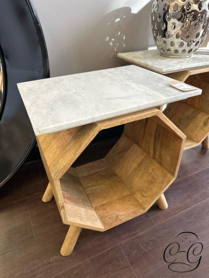 Hexagon Wood Base End Table With Open Display Space & White Marble Top 18x14x21’’ End