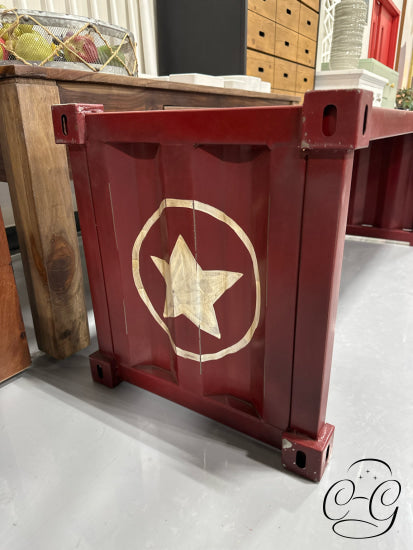 Industrial Red Metal Bench With Cream Star Design/Detailing