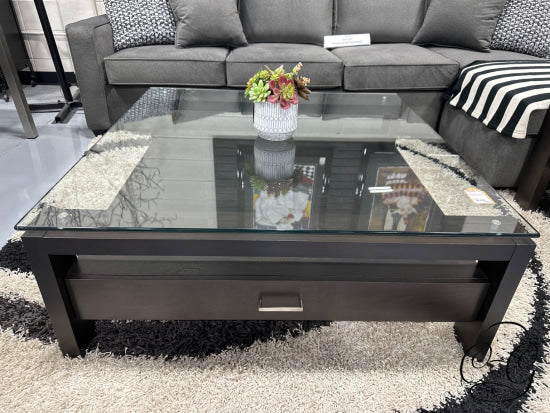 Large Square Espresso Wood/Glass Top Coffee Table With 2 Drawers