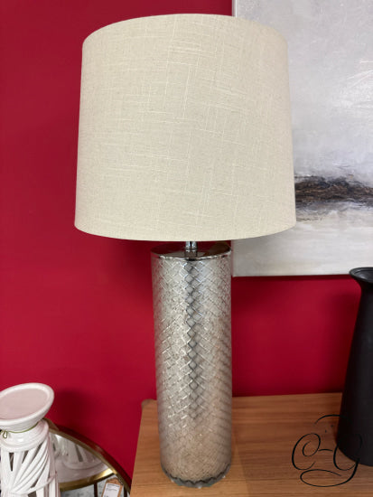 Lattice Design Etched Mercury Glass Table Lamp With Off White Round Shade