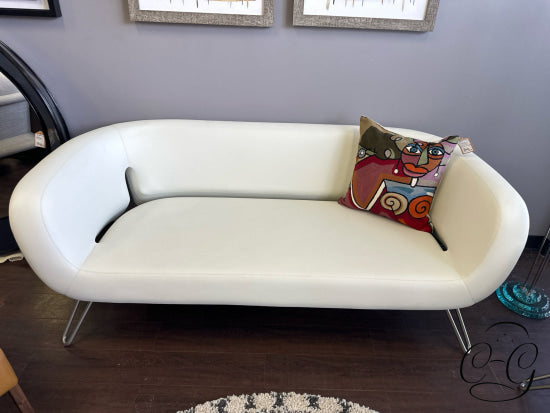 Limitless White Micro Leather Loveseat With Brushed Silver Steel Hairpin Legs Love