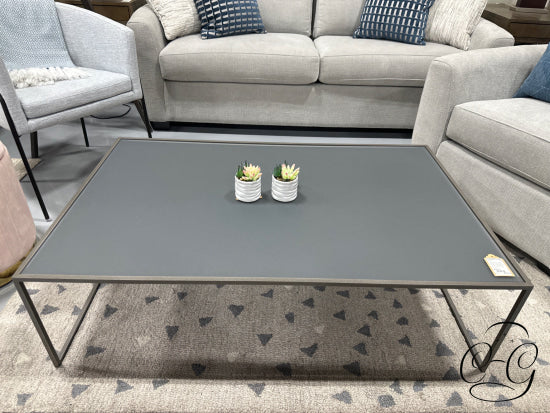 Low Profile Rectangular Opaque Grey Glass Coffee Table W/Platinum Metal Base