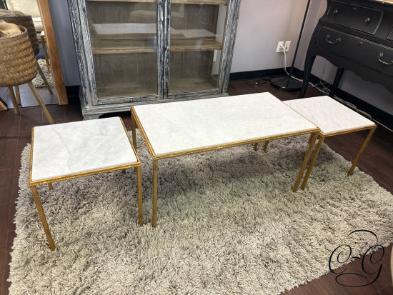 Gold Frame Set Of 3 Nesting Coffee Tables With Marble Tops