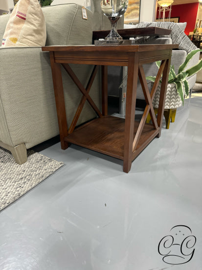 Medium Brown Wood End Table With ’X’ Sides