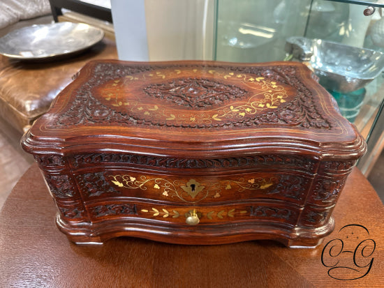 Middle Eastern Handmade Rosewood Jewelery Chest W/Brass Inlay Key Drawer 15x10x7’’ Jewelery