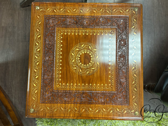 Middle Eastern Square Rosewood End Table W/Engraved Flower Pattern Brass Inlay 22x22x17’’ End