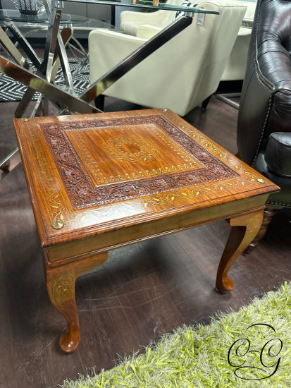 Middle Eastern Square Rosewood End Table W/Engraved Flower Pattern Brass Inlay 22x22x17’’ End