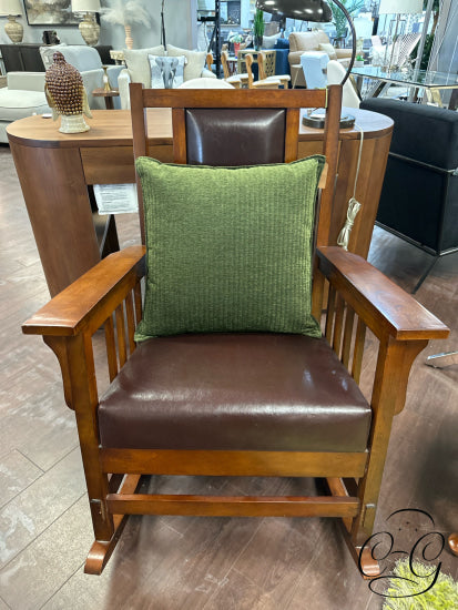 Mission Style Rocking Chair With Wide Arms Brown Leather Seat 30x36x39’’ Rocking Chair