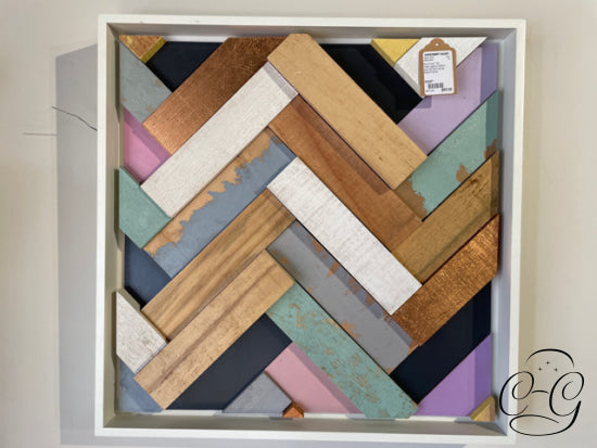 Multi-Colour ’3D’ Chevron Pattern Wood Wall Art In White Frame Decor