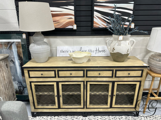 Natural Finish Aged Oak Entertainment Cabinet W/Blk Iron Lattice Doors Stand