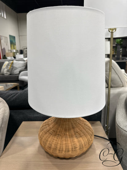 Natural Rattan Wide Base Table Lamp With White Linen Shade