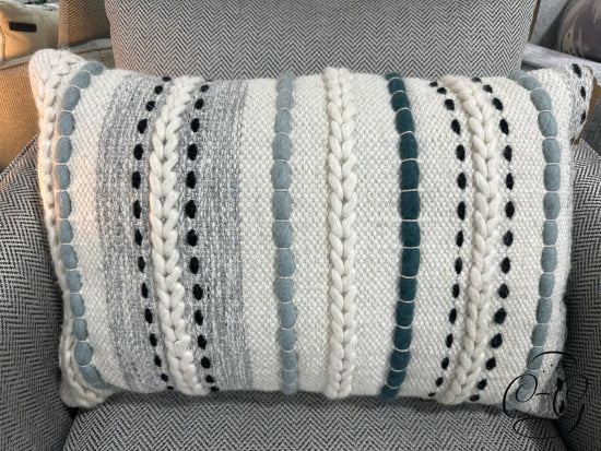 Neutral Colours & Aqua Yarn Detailing Wool Blend Rectangular Toss Pillow 24x16’’ Pillow