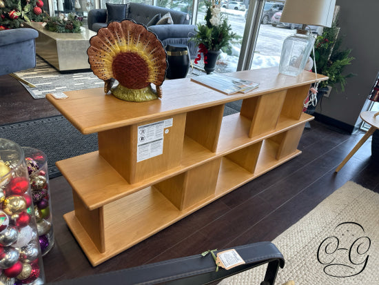 Oak Finish Low Bookcase With Multiple Display Spaces