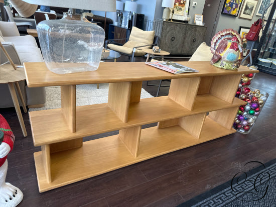 Oak Finish Low Bookcase With Multiple Display Spaces