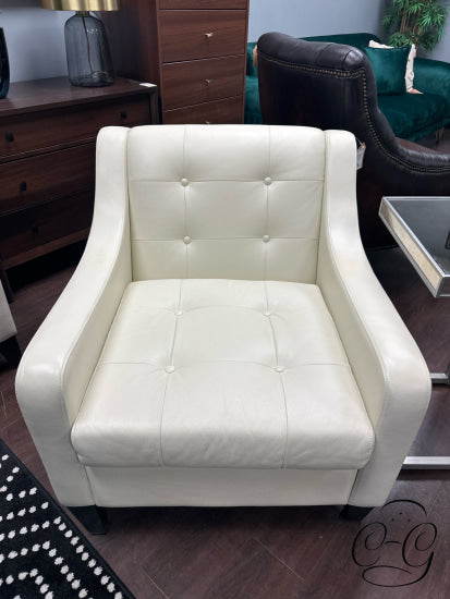 Off White Faux Leather Button Tufted Sloped Arm Chair Espresso Legs