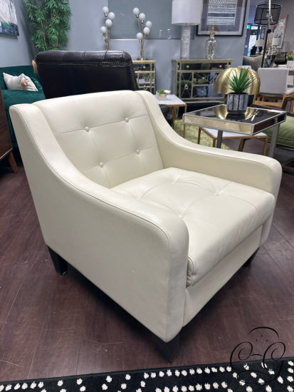 Off White Faux Leather Button Tufted Sloped Arm Chair Espresso Legs