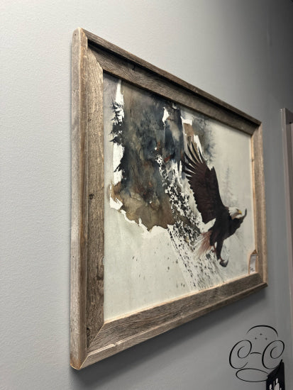 ’On Silent Wings’ Bald Eagle Flying Art In Rustic Frame 28x22’’ Artwork