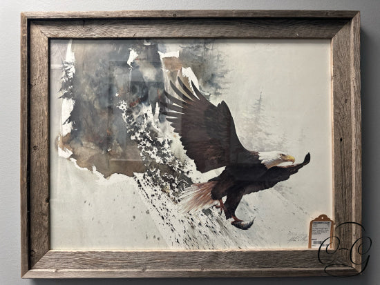 ’On Silent Wings’ Bald Eagle Flying Art In Rustic Frame 28x22’’ Artwork