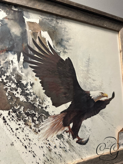 ’On Silent Wings’ Bald Eagle Flying Art In Rustic Frame 28x22’’ Artwork