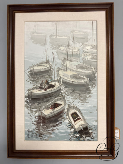 Original Art ’Sailboats’ W/Tan Matting In Med. Tone Wood Frame Artwork